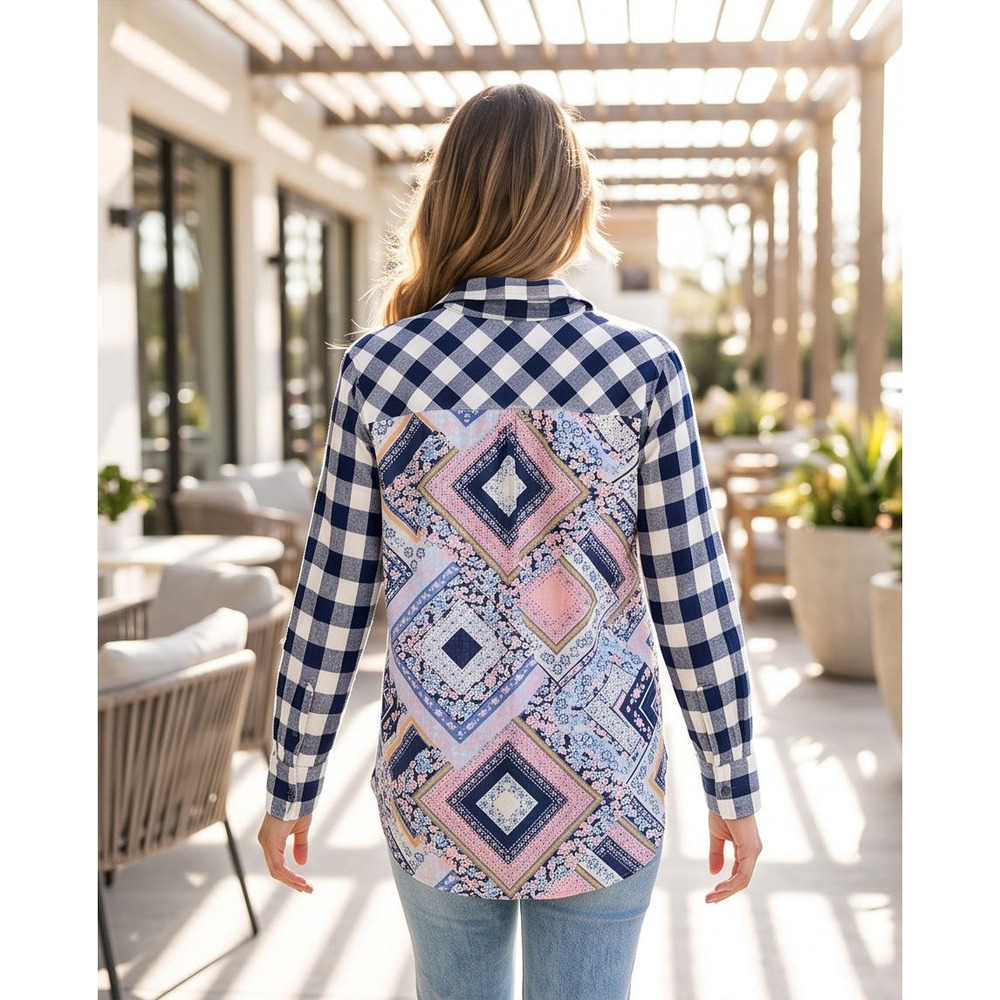 Shana Womens Large Gingham Plaid Mixed Media Floral Patchwork Button Down Shirt